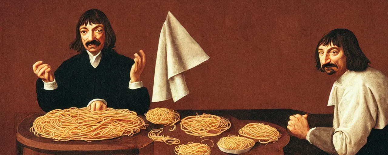 Image similar to rene descartes discussing spaghetti philosophy, 1 5 0 0 s, kodachrome, in the style of wes anderson, retro