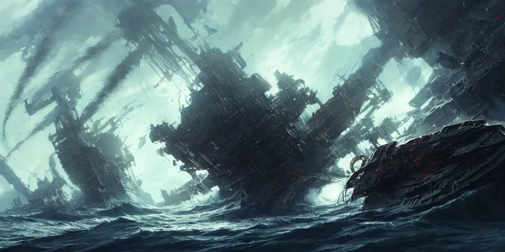 Image similar to ship being destroyed by a giant kraken sea monster, a lot of tentacles, chaos, view from above. In style of Yoji Shinkawa and Hyung-tae Kim, trending on ArtStation, Greg Rutkowski, dark fantasy, great composition, concept art, highly detailed, scenery.