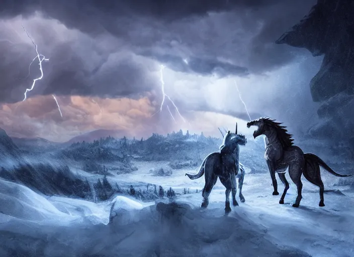 Image similar to unicorn fighting a dragon, beautiful snowy landscape, lightning storm, dramatic lightning, cinematic, establishing shot, extremly high detail, photorealistic, cinematic lighting, epic fight scene, post processed, concept art, artstation, matte painting, style by greg rutkowsky