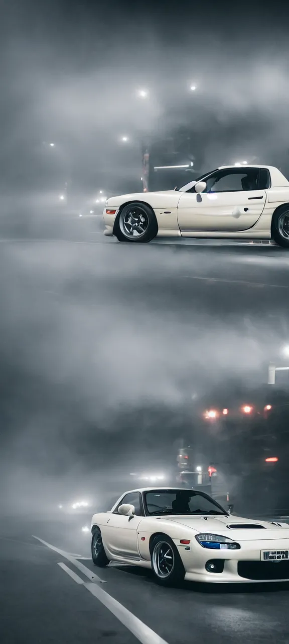 Image similar to a jdm mazda rx - 7 on a highway, cinematic, long exposure, white balance, 8 k, led, lumen global illumination, fog, ray tracing reflections