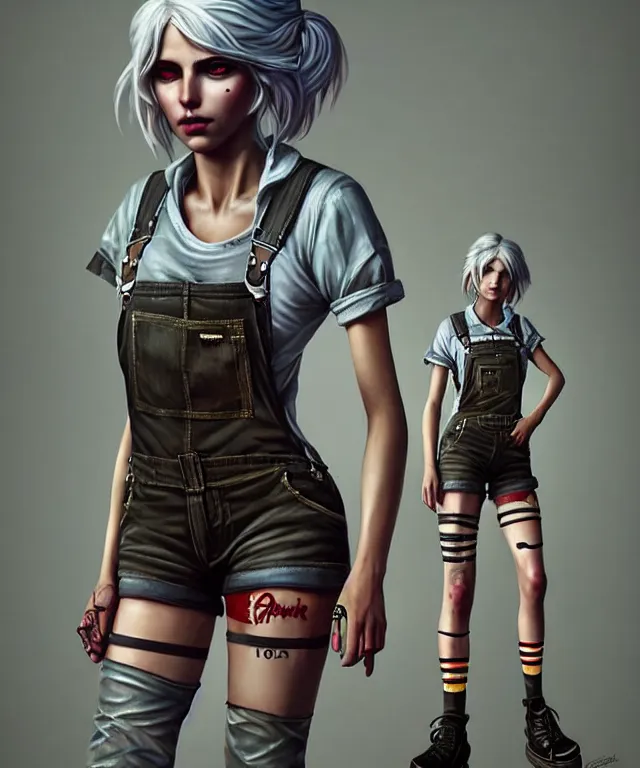 Image similar to full body pose, grungy ciri, torn overalls, short shorts, combat boots, fishnets, beautiful, highly detailed face, true anatomy!, extremely detailed!, digital painting, unreal engine 5, art by tom bagshaw