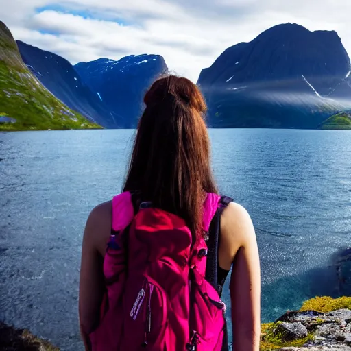 Image similar to a young woman with long pink hair, facing forward for a selfie, back towards fjord, hiking clothes, tank top, backpack, norway, fjords in background, cinematic, beautiful, stunning, day time, epic, 8 k, 1 6 : 9