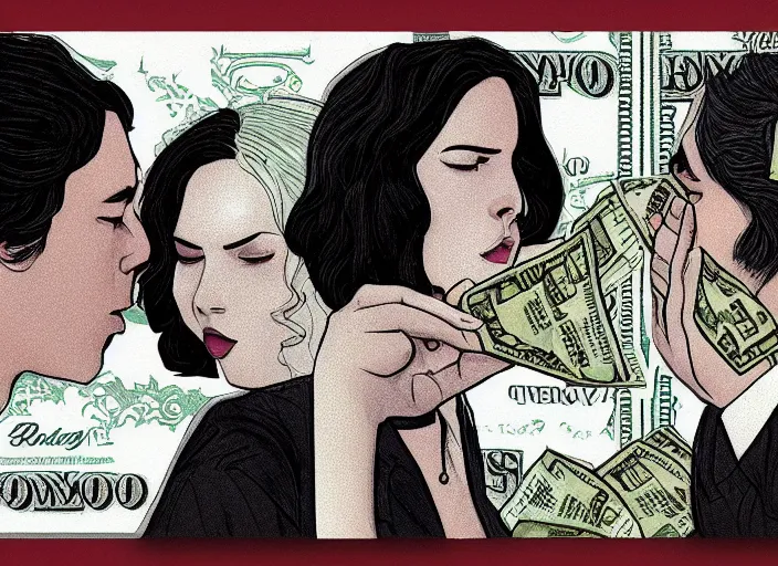 Image similar to reylo kissing, dollar bill!!!