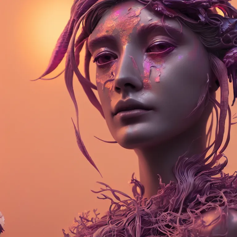 Image similar to goddess full painted acryllic sculpture close-up portrait. orchid bird phoenix jellyfish betta fish, intricate artwork by Tooth Wu and wlop and beeple. octane render, trending on artstation, greg rutkowski very coherent symmetrical artwork. cinematic, hyper realism, high detail, octane render, 8k