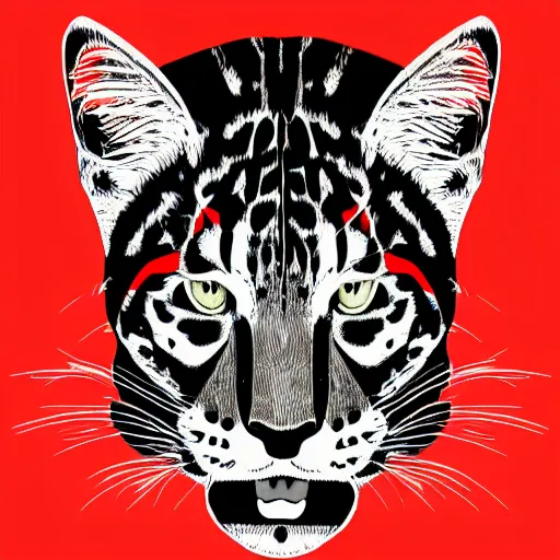 Image similar to abstract logo drawing of profile shot of a black and red ocelot with black background, high contrast, 4k