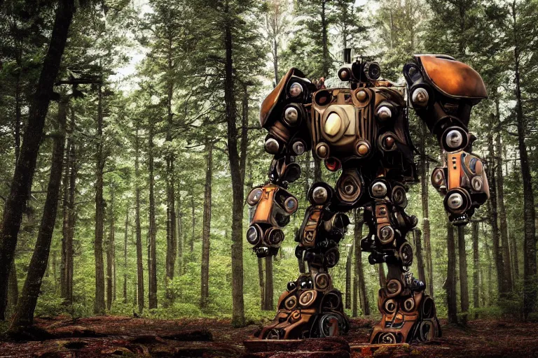 Prompt: steampunk colossal mech robot travels across a swedish forest very low angle photograph trending on artstation