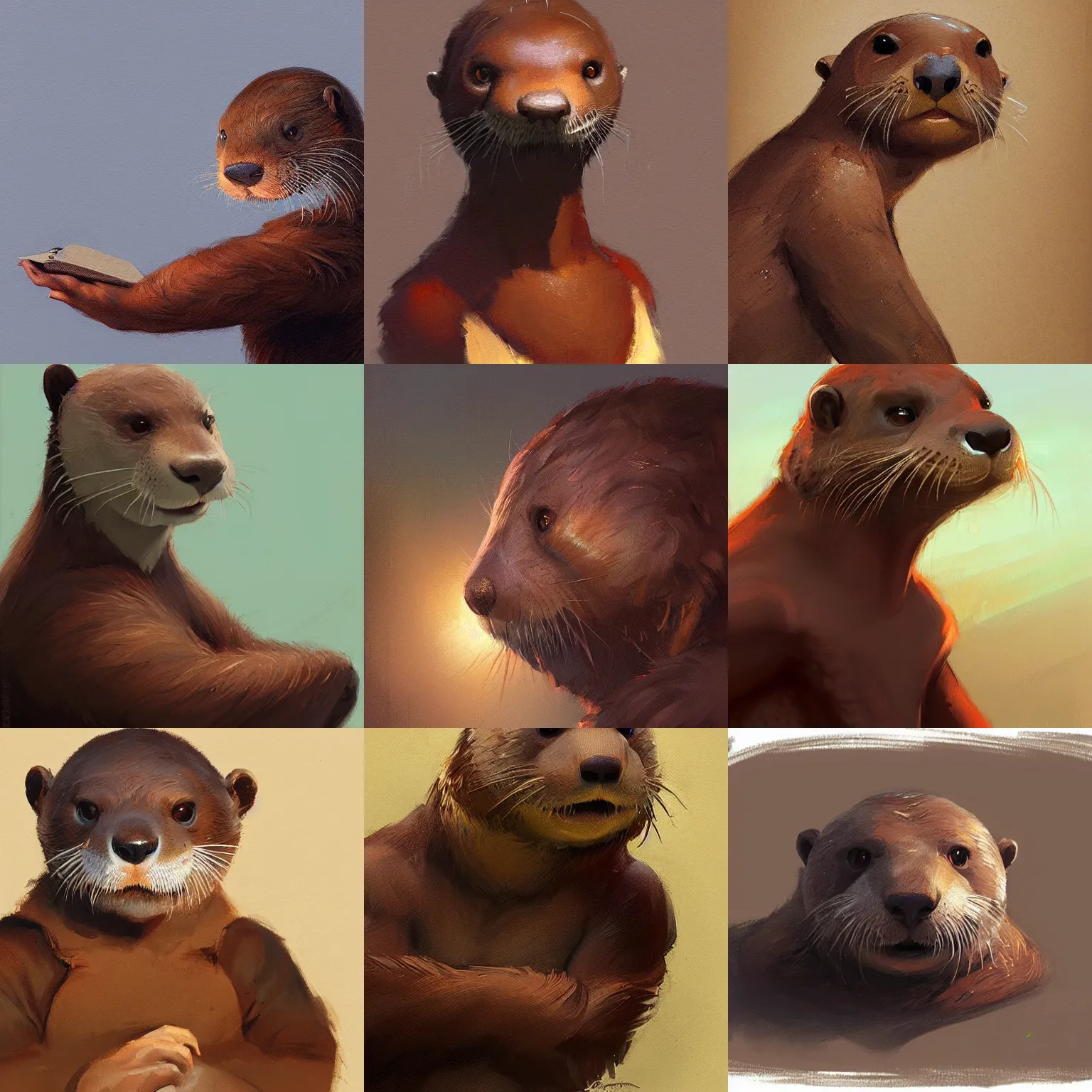 Prompt: a portrait of a brown anthropomorphic otter, artstation, greg rutkowski, gregory manchess, greg hildebrandt, concept art, furry furaffinity
