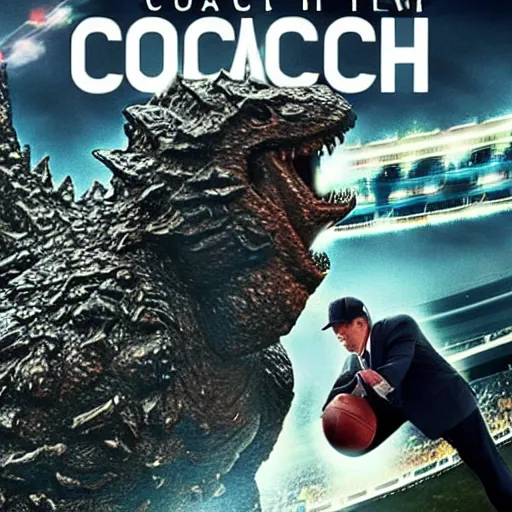 Prompt: Movie poster for the new film 'Coach Belichick vs. Godzilla'