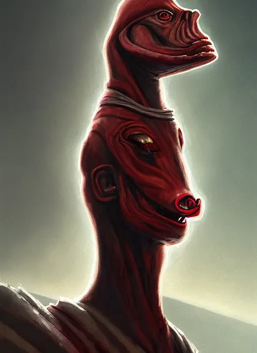 Image similar to a digital painting of Jar Jar Binks as a sith lord, by netter, beautiful, gorgeous, long hair, style from greg rutkowski, beautiful eyes, full frame, oil painting, featured on artstation, concept art, smooth, sharp focus, illustration, very detailed, ambient lighting, unreal engine render, concept art by Atey Ghailan, by Loish, by Bryan Lee O'Malley