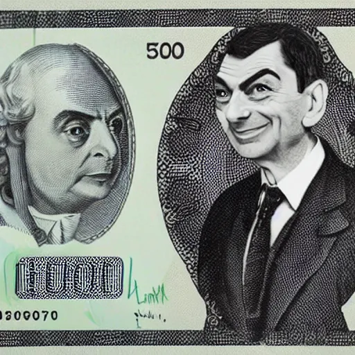 Prompt: a 50 euro bill with the portrait of mr bean