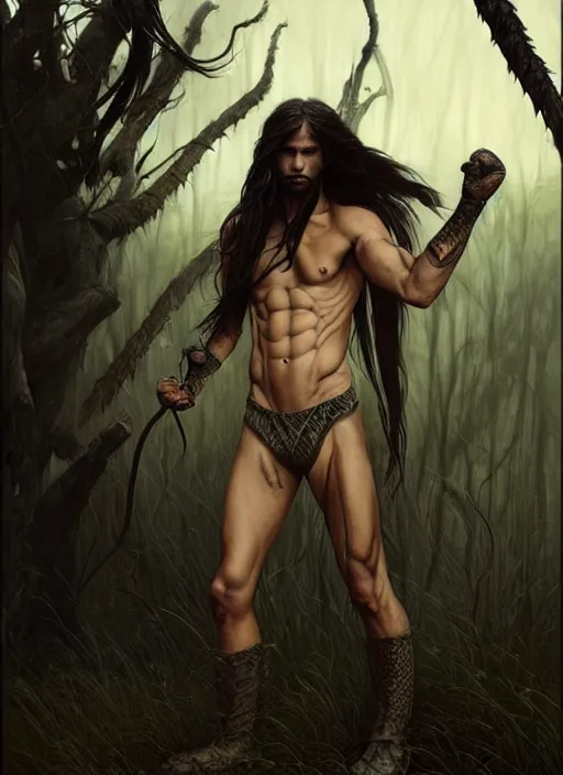 Prompt: a strong male fighter with long hair, reptile skin with a tail on his back, black wings slightly burnt, swamp landscape, fantasy magic, braids , dark light night, intricate, elegant, sharp focus, illustration, highly detailed, digital painting, concept art, matte, art by WLOP and Artgerm and Greg Rutkowski and Alphonse Mucha, masterpiece