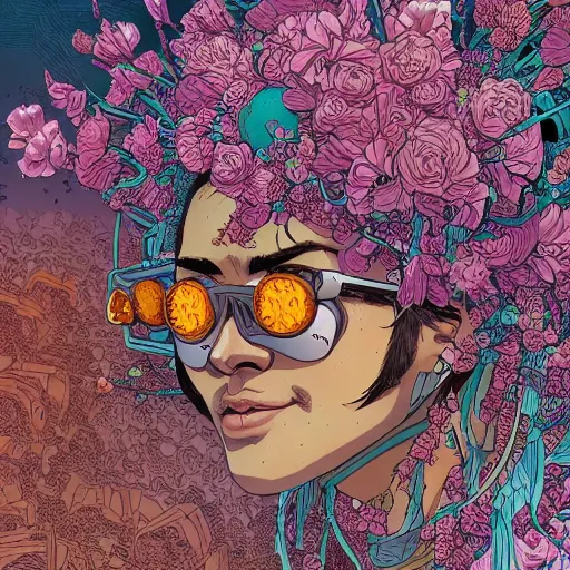Prompt: hyper detailed comic illustration of a beautiful flower growing out of the head of a young mixed race explorer's head, cyberpunk, intricate details, vibrant by Josan Gonzalez and Geof Darrow, highly detailed, 8k wallpaper