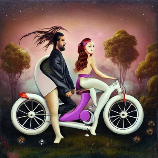 Image similar to ariana grande and jason momoa on a tandem, lowbrow painting by mark ryden