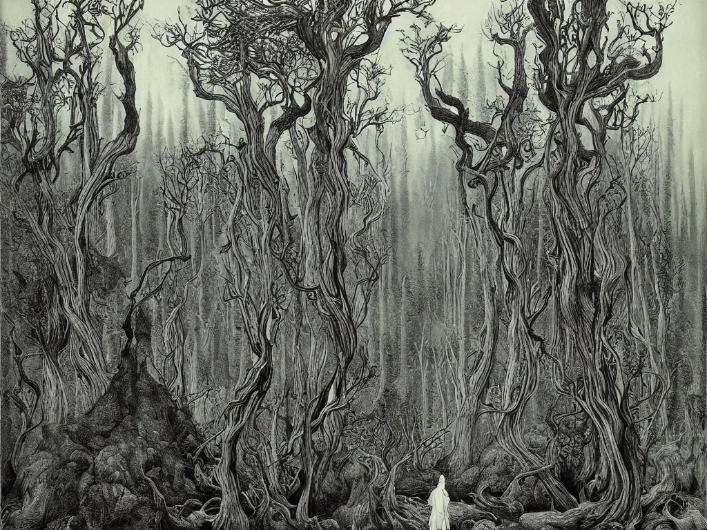 Image similar to dense forest, artstation, by aubrey beardsley, by caspar david friedrich, by laurie lipton, by kay nielsen, by ivan shishkin, calligraphy, divine, paradox, gnarly trees, terrifying, witchcraft!, hope, mountains in background