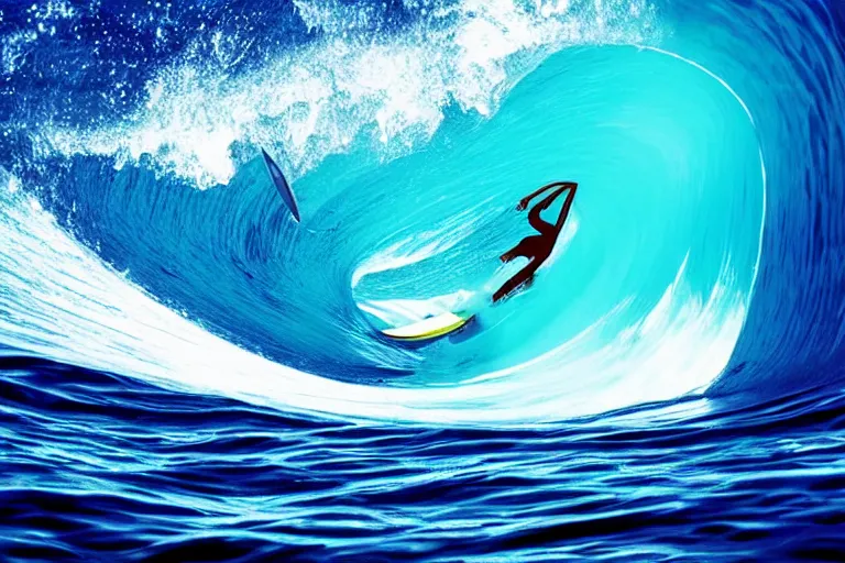 Prompt: surfer surfing into a tubular ocean wave that is a portal to a cyber dimension