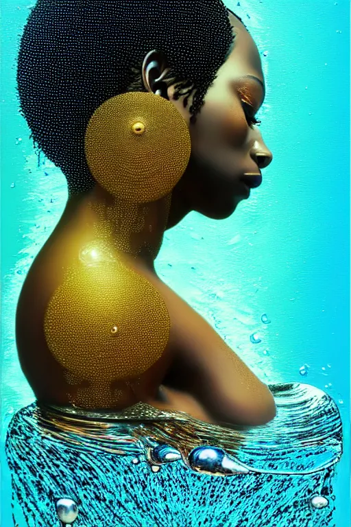 Prompt: hyperrealistic precisionist cinematic profile very expressive! black oshun goddess, sleeping in water!, mirror dripping droplet!, gold flowers, highly detailed face, digital art masterpiece, smooth eric zener cam de leon, dramatic pearlescent turquoise light on one side, low angle uhd 8 k, shallow depth of field