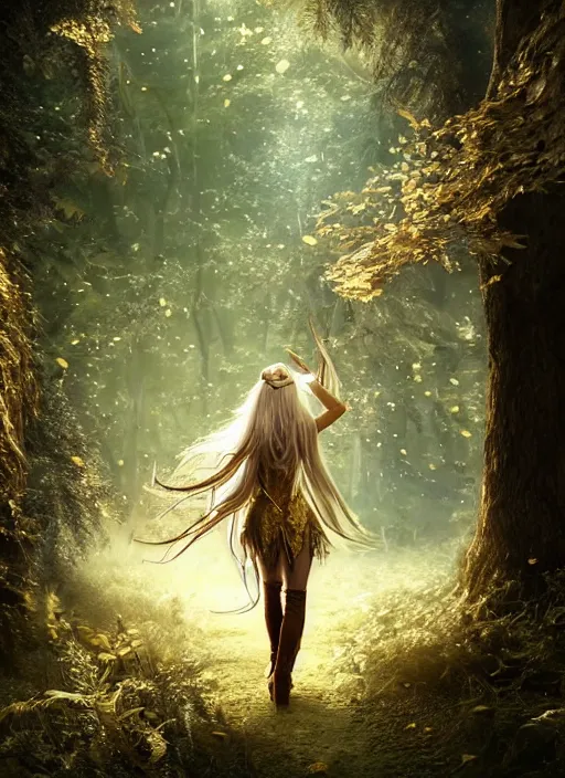 Prompt: magical forest with gold and silver leafs, music, girl with blond long hair back view, elves, lord of the rings style, ultra detailed, trending on artstation, concept art, octane render, unreal engine,