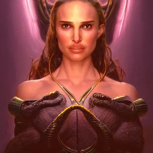 Image similar to a portrait of natalie portman as medusa in dramatic lighting, interior background, artstation, award - winning realistic sci - fi concept art by jim burns and greg rutkowski, beksinski, a realism masterpiece, alphonse mucha,