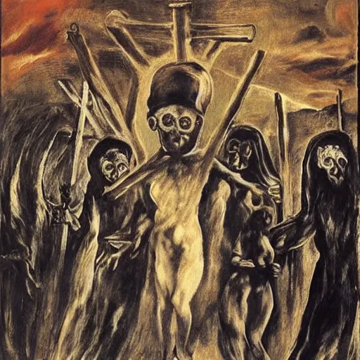 Image similar to A Holy Week procession of souls in a Spanish landscape at night. A figure at the front holds a cross. El Greco, Remedios Varo y Salvador Dali.