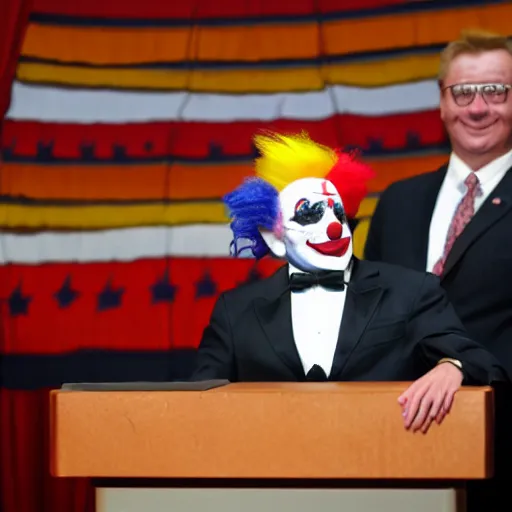 Image similar to marionette of a president with clown makeup in a podium and a human shadow behind