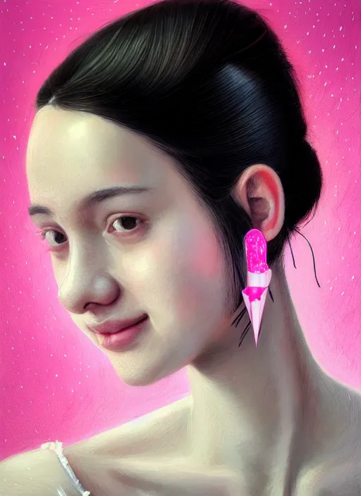 Image similar to portrait of teenage girl, realistic, black hair, bangs, half updo hairstyle, pointy nose, skinny, smile, ugly, defined jawline, big chin, pink hair bow, earrings, intricate, elegant, glowing lights, highly detailed, digital painting, artstation, sharp focus, illustration, art by wlop, mars ravelo and greg rutkowski