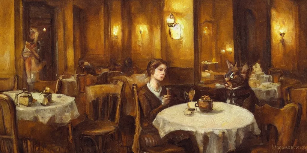 Image similar to brown cat with yellow eyes is sitting at table in a cafe at paris in early 2 0 th century. atmospheric feeling, warm colours, brown colours, yellow colours, epic scene, cinematic, very detailed, oil painting