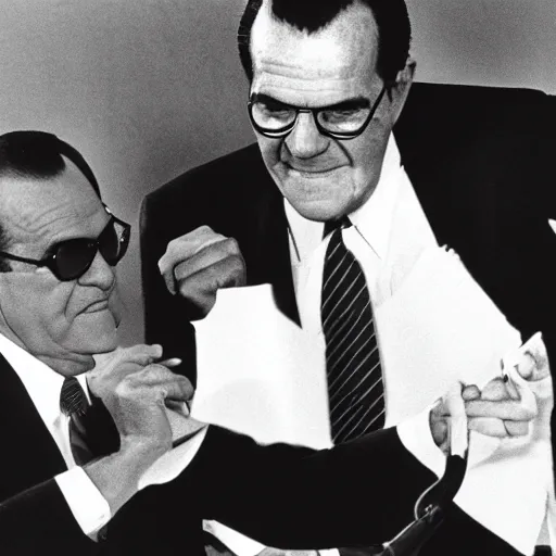 Image similar to presidential debate between waluigi and richard nixon, 1 9 6 0, still, photograph, photo, black and white