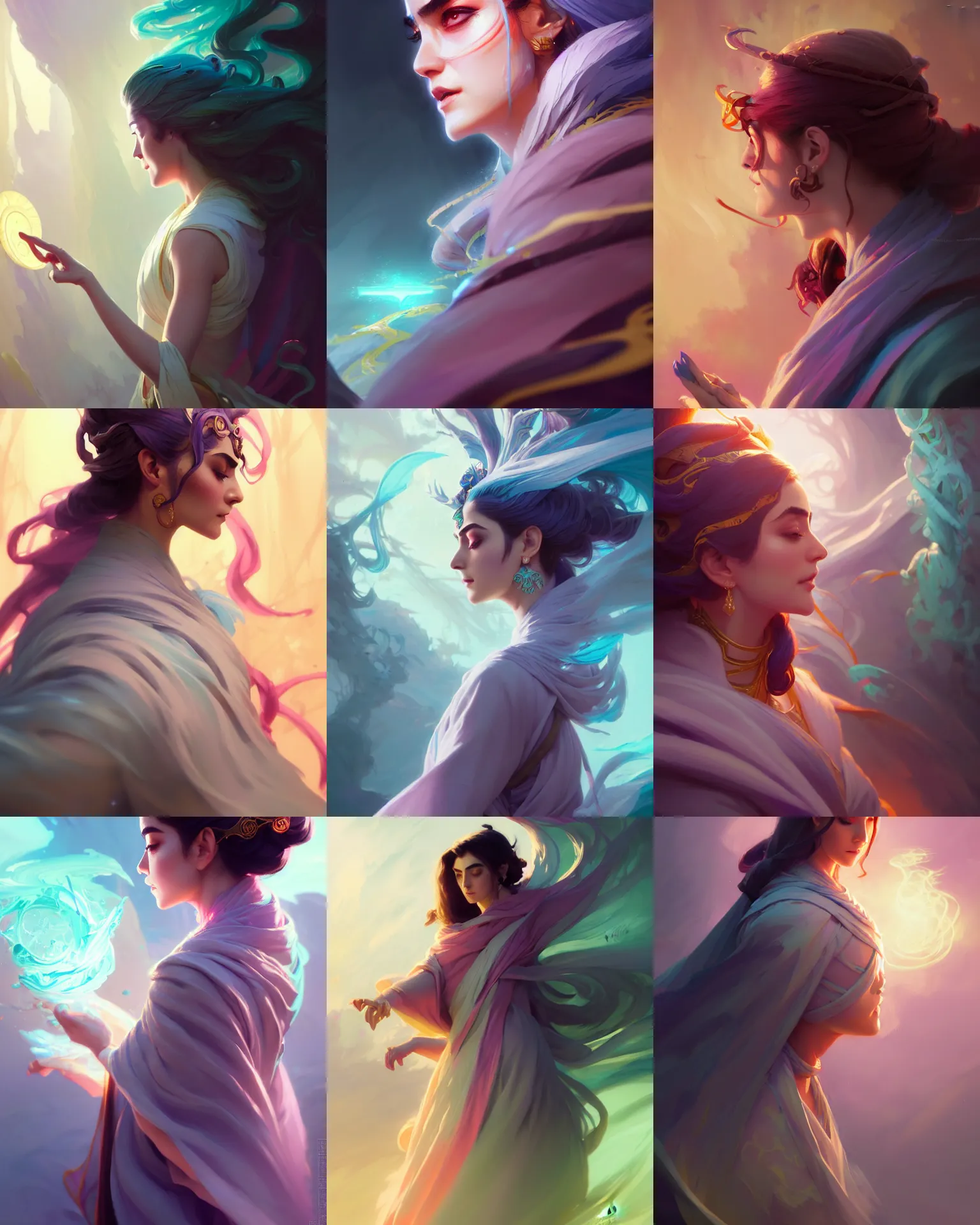 Prompt: side profile, maya ali, wizard, dota concept art, robes, elegant, highly detailed, smooth, colorful swirly magical ripples, pastel colors, by huang guangjian, sachin teng, greg rutkowski, jesper ejsing, ilya kuvshinov, artgerm, mucha