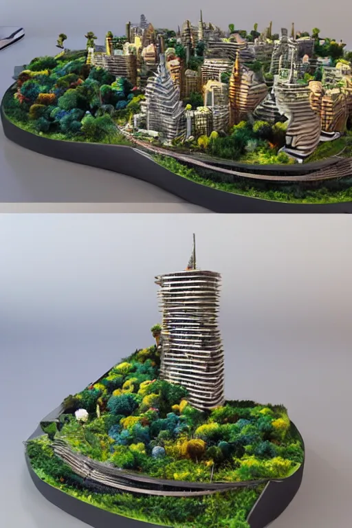 Prompt: 3 d printed physical model that is organic flowy including more than one city into one vertical building that sits on a table in a room with a view back and golden rim drame in the bottom, multiple stories, transparent, with vegetation, colorful, eye - level view, 8 0 k, octane render, highly detailed 3 d render,