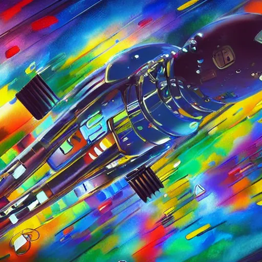 Prompt: very wet paint, painting of a spaceship under construction industrial robotic automation factory automotive futuristic painting colorful vibe sparkle energy real paint splatters picasso kandinsky detailed 4 k deviantart artstation trending reddit station gas flying scifi