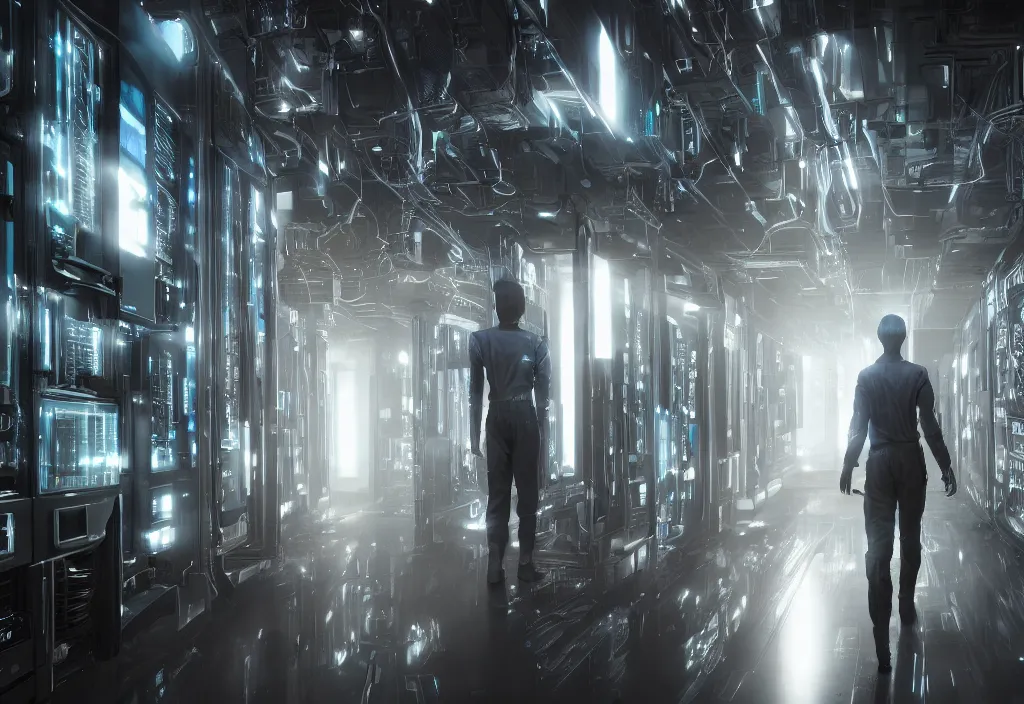 Image similar to shot of film, server room in datacenter, natural light, elegant, atmospheric lighting intricate by barclay shaw, by evan rhodes artstation, cyborg, robot cyberpunk character design, walking in data center, octane render 8 k, detailed, beautiful composition, cyberpunk colors, ultra high details, cinematic composition, professional master piece