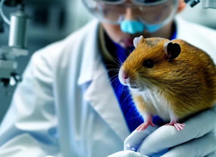 Image similar to film still of a hamster working in a research lab finding the cure for cancer, 8 k