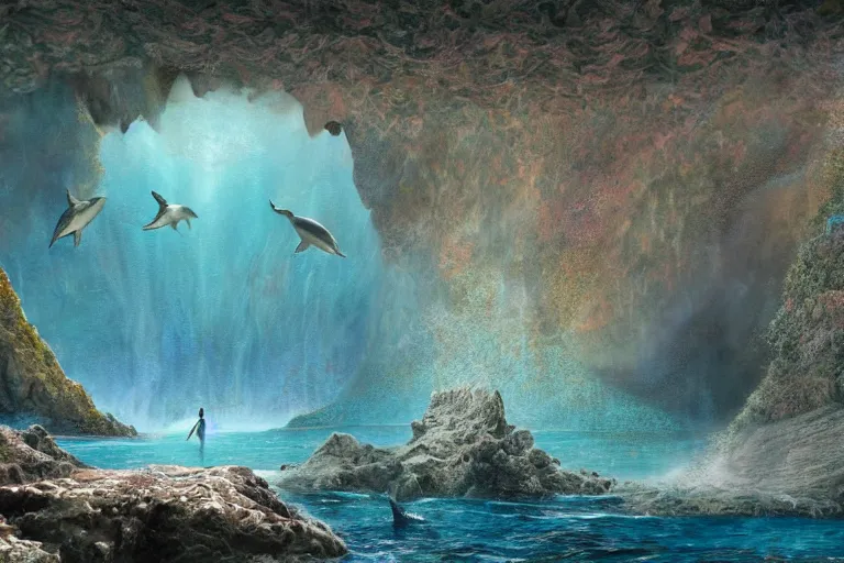 Prompt: mosaic of legendary mermaid in stylised sea with dolphins and fish in vast natural cave, mist, morning light, octane render, digital illustration by Zdislav Beksinski on artstation