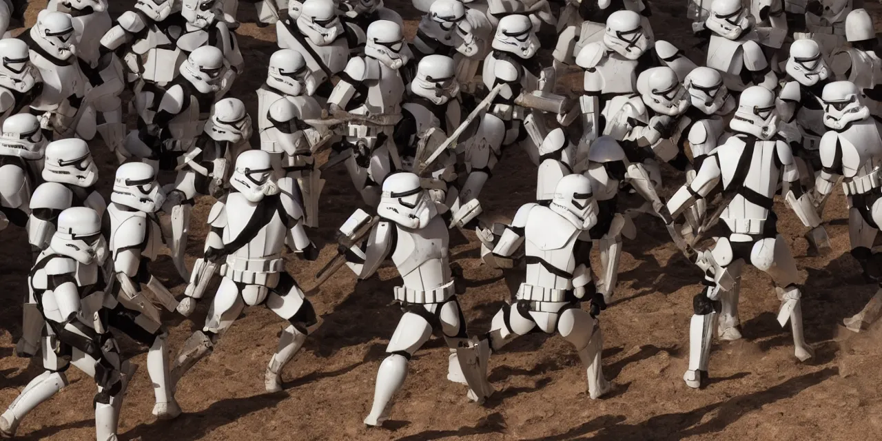 Prompt: gladiators in stormtrooper helmets, fighting in olympus, with dense crowds and dusty atmospherics
