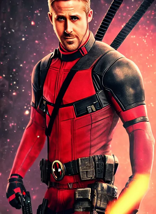 Prompt: Ryan Gosling as deadpool, handsome face, unmasked, no mask, dramatic action pose, gorgeous, portrait, Symmetrical, powerful, intricate, beautiful, masterpiece, elegant, volumetric lighting, highly detailed, artstation, sharp focus, no cropping, illustration, explosions in the background, Jean-Leon Gerome , ruan jia