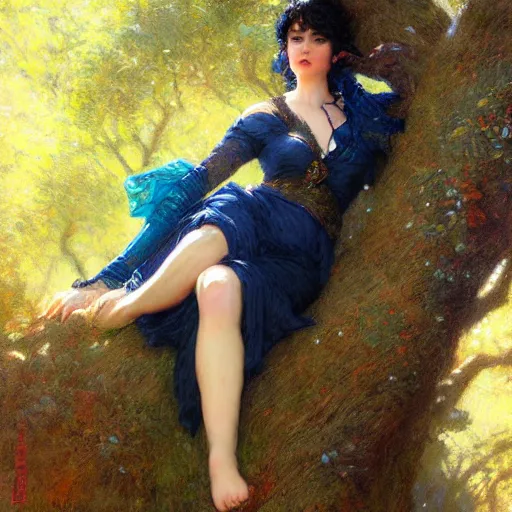 Image similar to portrait of a woman resting on a large tree, short black hair, decorative dark blue clothing, sharp focus, ultra realistic digital painting, colorful, cinematic lighting, high fantasy, intricate, highly detailed, smooth, elegant, gaston bussiere, bayard wu, greg rutkowski