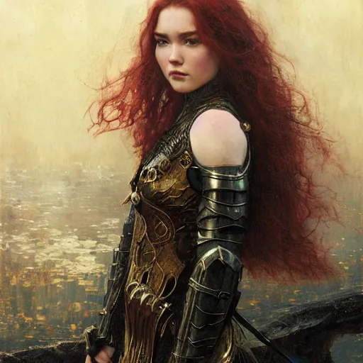 Prompt: young redheaded florence pugh, wearing dark black ornamented medieval armour, detailed, by gaston bussiere, bayard wu, greg rutkowski, giger, maxim verehin, greg rutkowski, masterpiece, sharp focus,