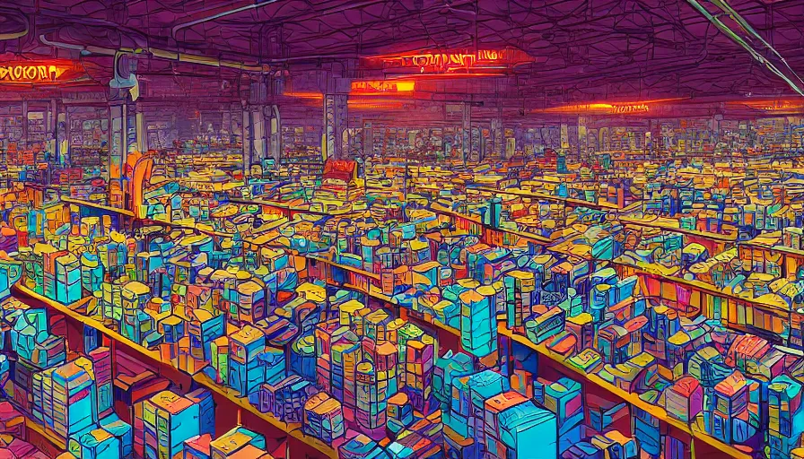 Image similar to a warehouse with huge shelves in which stacks of paper are stored, video game vector cutout illustration vivid multicolor borderlands comics by josan gonzales and dan mumford radiating a glowing aura