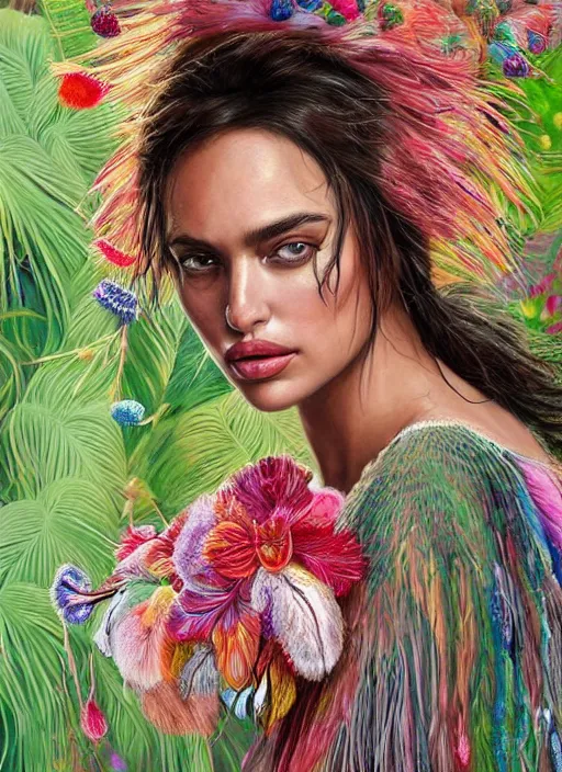 Image similar to beautiful portrait of Irina Shayk wearing fantastic Hand-dyed cotton dress,embellished beaded feather decorative fringe knots ,colorful pigtail,subtropical flowers and plants,intricate,elegant,highly detailed,8k,post-processing,digital painting,trending on pinterest,VOGUE,concept art, sharp focus, illustration, by artgerm,Tom Bagshaw,Lawrence Alma-Tadema,greg rutkowski,alphonse Mucha