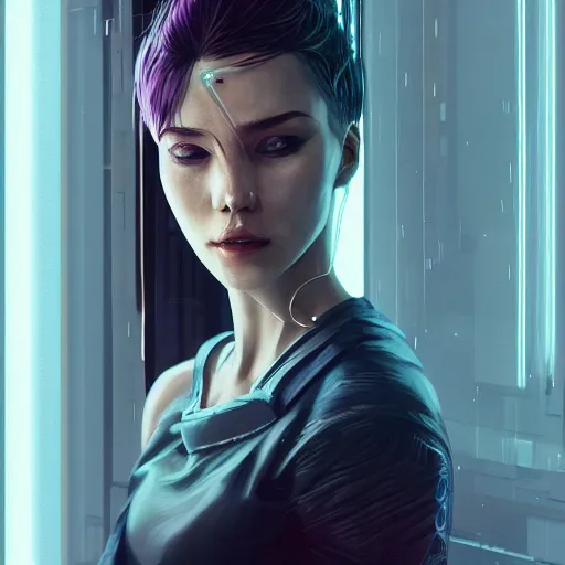 Image similar to portrait of cyberpunk woman looking out of a window, cyberpunk setting, futuristic, highly detailed, intricate lighting, digital painting, sharp focus, illustration, trending on artstation, art by wlop.