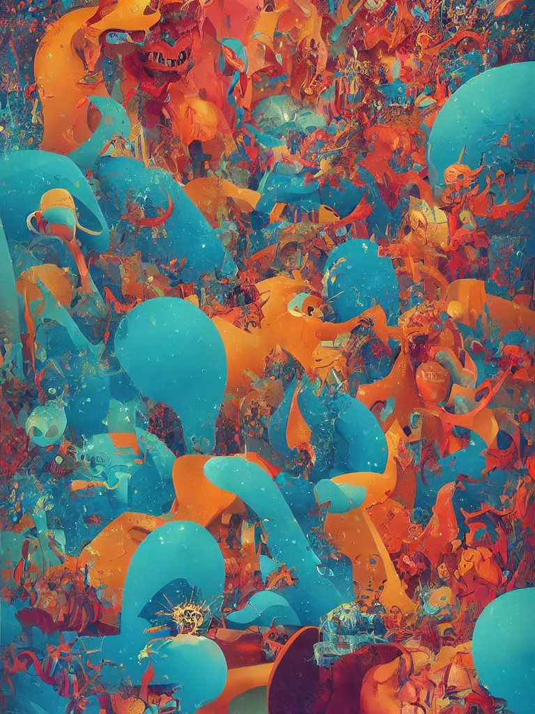 Image similar to a beautiful painting of a glitched explosion of primitive shapes in a monster carnival by oliver vernon and jonas burgert, trending on pinterest, fallas party figures, light turquoise and ocher color sheme