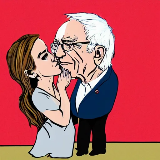 Prompt: caricature of emma watson kissing bernie sanders