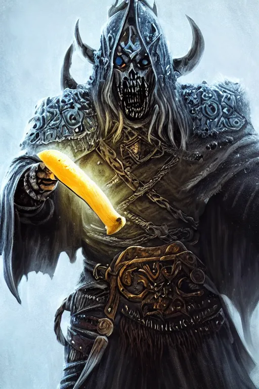 Prompt: an undead viking lich king eating a banana, wide angle, super highly detailed, professional digital painting, artstation, concept art, smooth, sharp focus, no blur, no dof, extreme illustration, Unreal Engine 5, Photorealism, HD quality, 8k resolution, cinema 4d, 3D, beautiful, cinematic, art by artgerm and greg rutkowski and alphonse mucha and loish and WLOP