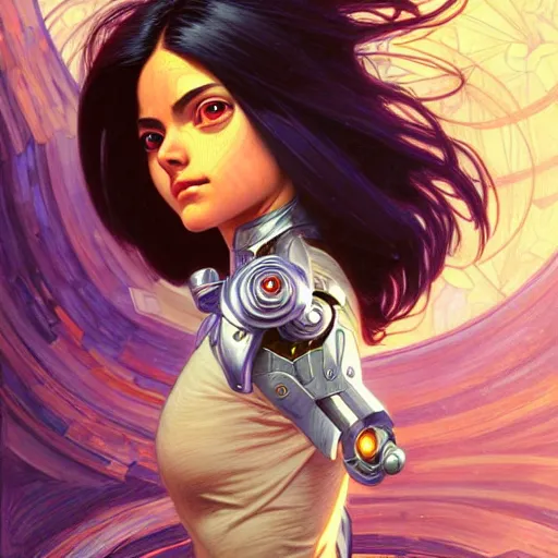 Prompt: Character Portrait of Battle Angel Alita surrounded by geometric nodes, face, fantasy, intricate, elegant, highly detailed, digital painting, artstation, concept art, smooth, sharp focus, illustration, art by Greg Manchess and Fernanda Suarez and Artem Demura and alphonse mucha