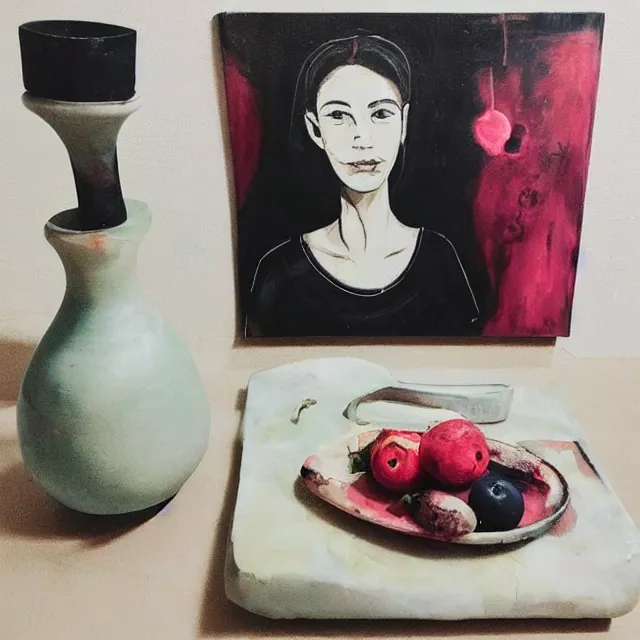 Image similar to “ a portrait in a female art student ’ s apartment, sensual, a pig theme, pork, pottery supplies, pottery work in progress, a candle dripping white wax, pottery glaze, squashed berries, berry juice drips, acrylic and spray paint and oilstick on canvas, surrealism, neoexpressionism ”