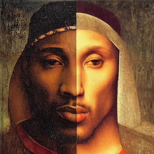 Prompt: A Renaissance portrait painting of Tupac Shakur by Giovanni Bellini and Leonardo da Vinci. Tupac