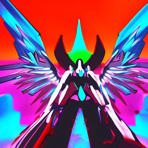 Image similar to evangelion angel invaders with neon rainbow wings colorful 4 k ceremonial path traced high definition detailed artstation realistic trending dramatic lighting dark and light contrast gothic
