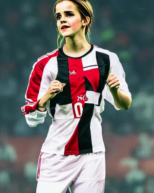 Image similar to a portrait of emma watson as a lokomotiv football player, hyper realistic