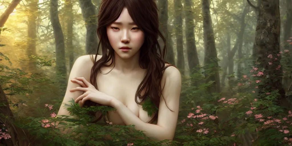 Image similar to beautiful digital painting of a hoyeon jung stylish female forest with high detail, real life skin, freckles, 8 k, stunning detail, works by artgerm, greg rutkowski and alphonse mucha, unreal engine 5, 4 k uhd