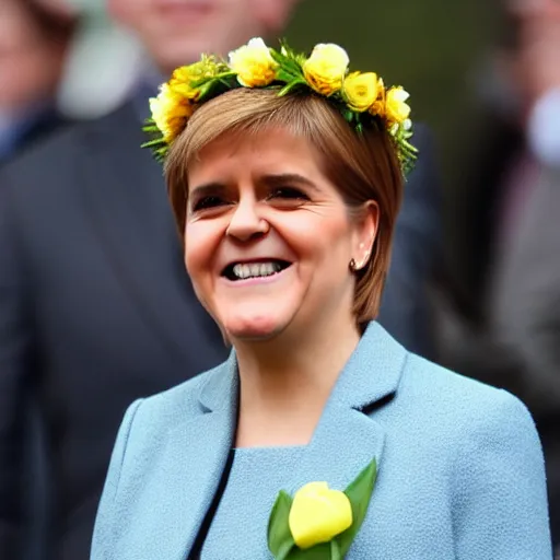 Image similar to nicola sturgeon, happy, with a flower crown